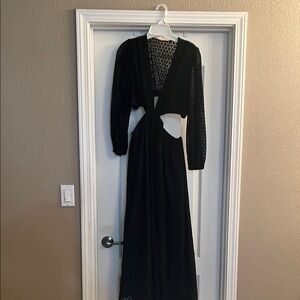 Entro Black Maxi Gown with Long Bishop Sleeves and Plunge Neckline for Cocktail